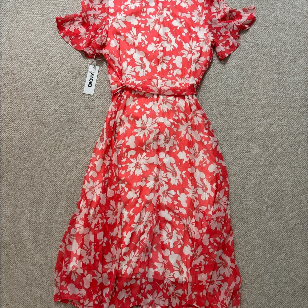 DKNY Floral Red and Cream Midi Dress - Picture 2 of 7